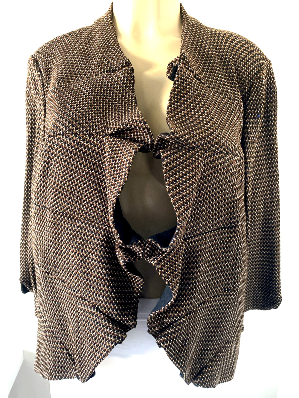 NWT Ming Wang Gold Black Cardigan Sweater Jacket Pleated Ruffle 3/4 Sleeve XL
